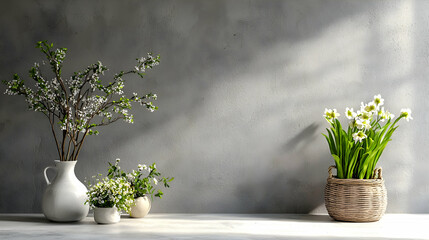 White Floral Arrangements in Vases on a Wooden Surface Against a Textured Gray Wall with Natural Sunlight