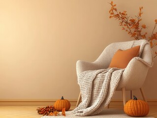 Cozy Autumn Armchair with Pumpkins and Fall Decor in a Peaceful Living Room