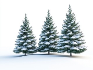 Fototapeta premium Three snow-covered evergreen trees against a white background