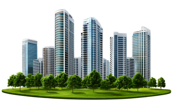High-rise building, transparent PNG background with green grass and trees, architectural design