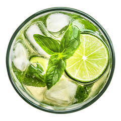 Obraz premium Gin tonic mojito cocktail with mint in a glass top view isolated on transparent white background, clipping path