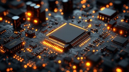 Close-up of illuminated central processing unit on circuit board