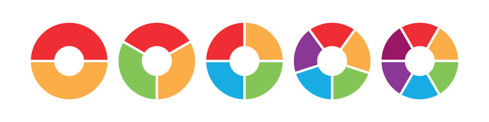 Obraz premium Colorful circle segmented stages. Diagram infographic set. Circle vector 2, 3, 4, 5, 6, parts. Process and development concept