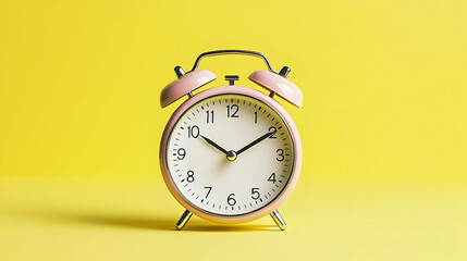 Pink Alarm Clock Centered Against a Bright Yellow Background Showing the Time