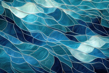 Obraz premium Abstract artwork depicting stylized ocean waves in a stained-glass pattern with varying shades of blue.
