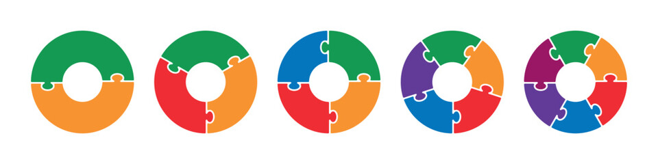 Colorful puzzle circle stages. Diagram infographic set. Circle vector 2, 3, 4, 5, 6, parts. Process and segmented concept
