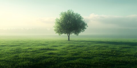 Fototapeta premium Solitary Tree in a Misty Meadow: A Serene Landscape