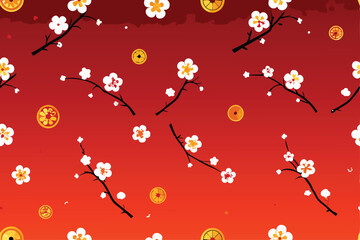Create a seamless pattern featuring delicate pink plum blossoms and vibrant orange lucky koi fish swimming amongst them.  Design should be elegant and suitable for fabric or wallpaper.