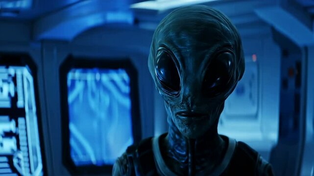 An intriguing and mysterious alien encounter takes place within a sophisticated and futuristic spacecraft
