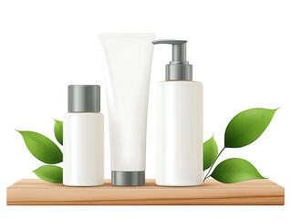 Natural skincare products display on wooden shelf home spa environment minimalist concept close-up view