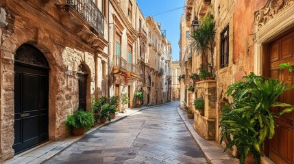 Obraz premium Charming Narrow Street with Historic Architecture and Green Plants