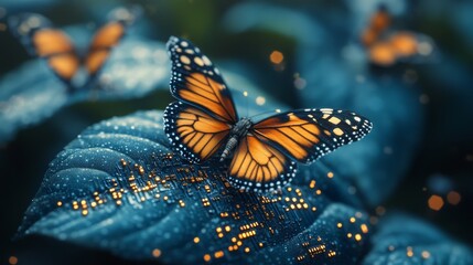 Monarch butterfly on a futuristic, bioluminescent leaf with circuit board pattern.