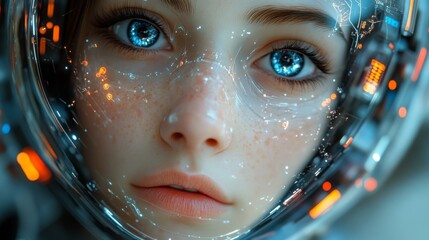 Close-up portrait of a futuristic woman's face inside a transparent helmet, glowing with digital elements.