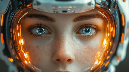 Close-up of a woman's face inside a futuristic helmet with glowing lights.