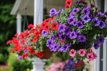 Fototapeta premium A garden scene with red and purple petunia flowers in hanging pots, brightening up a front or back porch area.