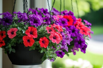 A garden scene with red and purple petunia flowers in hanging pots, brightening up a front or back porch area.