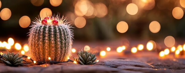 Festive Cactus Decorated with Christmas Ornaments and Lights
