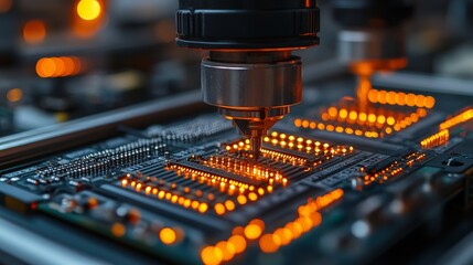 Close-up of automated machine installing components onto a circuit board.