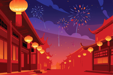 Fototapeta premium A tranquil nighttime scene of a traditional Chinese village bathed in warm, soft light; lanterns illuminate serene houses and pathways.