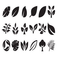 A collection of silhouette leaves in various shapes and sizes, presented as vector illustrations.