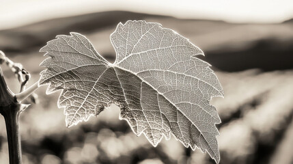 A single grape leaf in extreme close-up, its delicate veins and natural imperfections visible, bathed in soft backlight