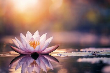 Serene Water Lily Blooming in Tranquil Pond at Sunset Light
