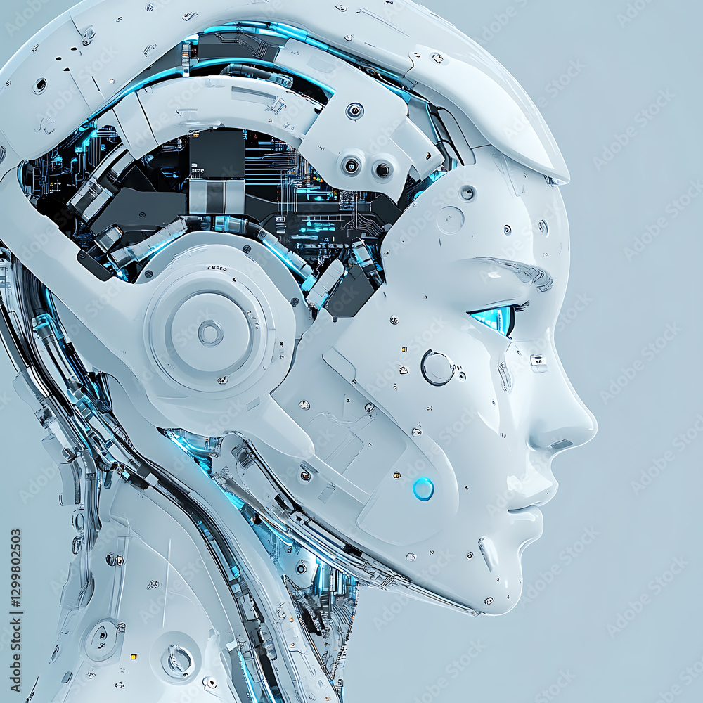 Poster futuristic robot design technology showcase digital art studio setting profile view innovation and a