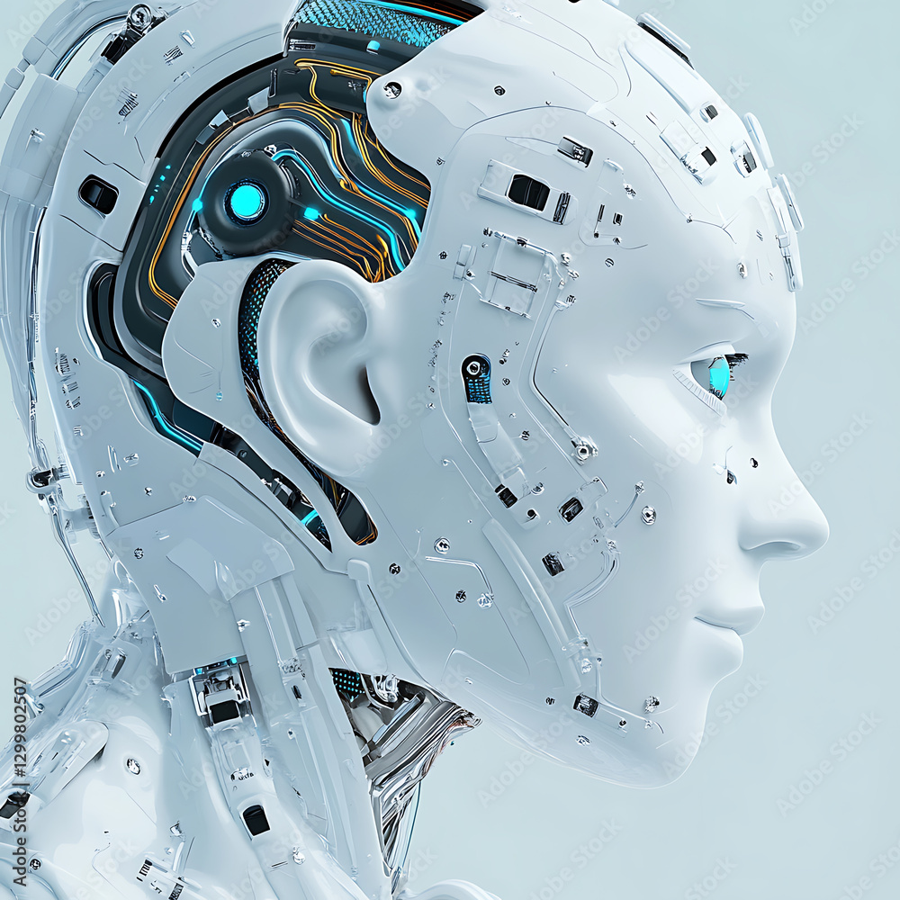 Poster exploring the future of artificial intelligence a close-up of a robotic head high-tech lab digital i
