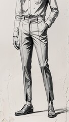 Obraz premium Sketch of ankle slit tapered office trousers on a plain white background