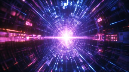 Fototapeta premium Abstract Quantum Physics Visualization with Multidimensional Light Beams in Dark Experimental Space, Conceptual Artwork of Scientific Phenomena.