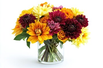 Vibrant autumnal bouquet of dahlias and roses in a clear glass vase.