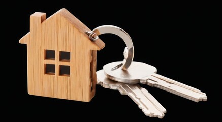 Wooden houseshaped keychain with silver keys on black background. Lightcolored wood keychain with small window and metal ring.