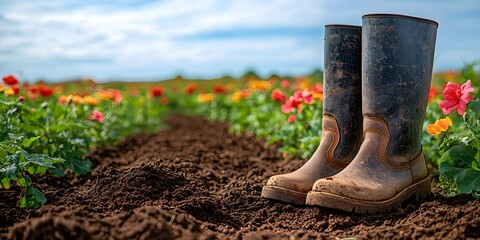 Fototapeta premium Muddy Boots in a Vibrant Flower Field