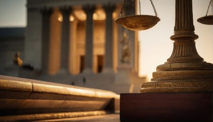 Golden statue of Supreme Court with scales of justice, intricate carvings, and sunset glow, set against a blurred building backdrop.