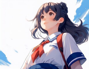 制服を着た女子高校生が空を見つめるイラスト。AIで生成