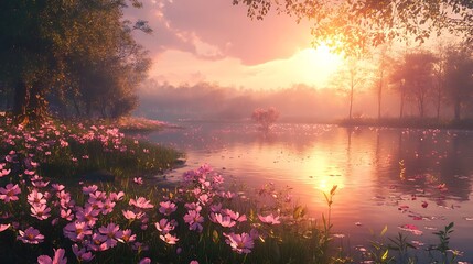 A serene floral landscape with a sunlit lake and trees