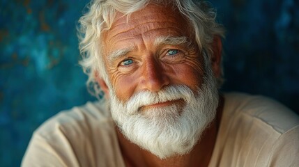 Weathered elderly man with deep laugh lines, eyes crinkled in pure joy, white beard catching golden hour sunlight, dark blue wall backdrop