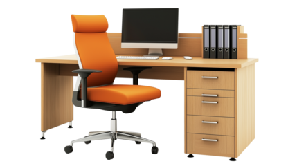 office desk with a computer isolated on transparent white background, clipping path