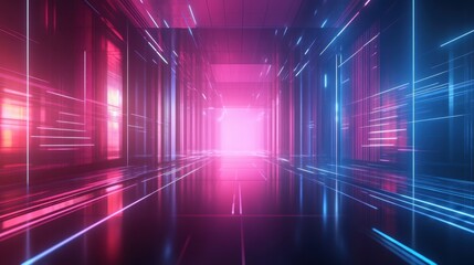 Futuristic corridor illuminated by vibrant pink and blue neon lights
