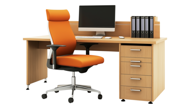 office desk with a computer isolated on transparent white background, clipping path