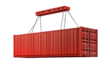 Image of a red cargo container hanging from a crane, isolated on a transparent background