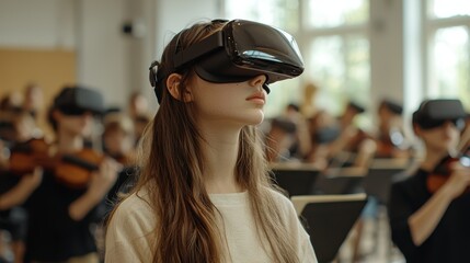 Woman in VR headset, orchestra background.