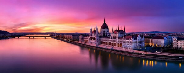 Naklejka premium Budapest Parliament Building at Dusk Majestic Waterscape Reflecting Cityscape Under Colorful Sky