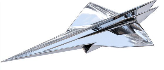 Sleek metallic paper airplane soaring through a bright white background, symbolizing innovation
