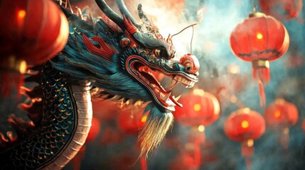 Majestic Dragon Amidst Festive Red Lanterns