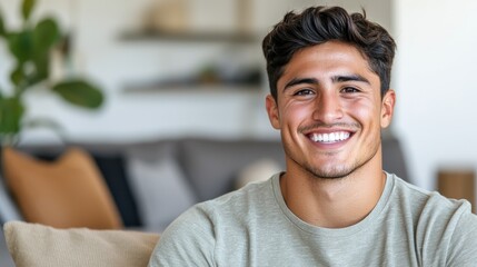 Obraz premium A cheerful young man smiles warmly while seated in a cozy, modern living room filled with soft furnishings and plants.