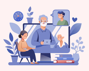 Video Call Concept – Man Talking to Elderly Parents via Computer from Home – Vector Illustration