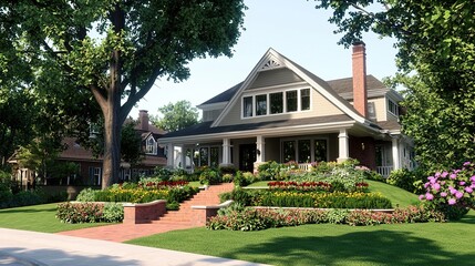 Elegant suburban home with classic architecture, beige exterior, white trim, and large windows, featuring a red brick porch, manicured landscaping, green trees, and vibrant flower beds. 