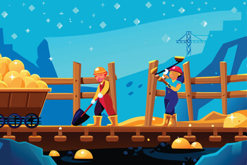 A whimsical cartoon illustration of a bustling gold mine, showcasing vibrant colors, cartoon miners, and glittering gold nuggets.