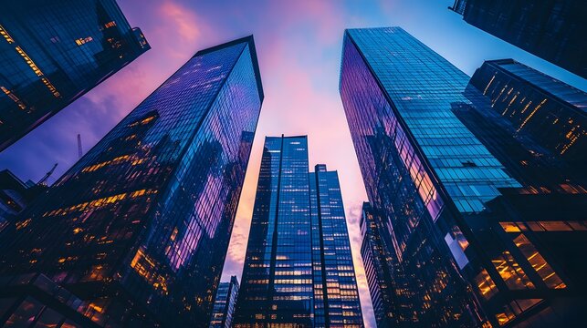 A cyberpunk-inspired city skyline at dusk, with towering glass and chrome skyscrapers glowing under neon blue and purple lights, creating a high-tech futuristic ambiance 